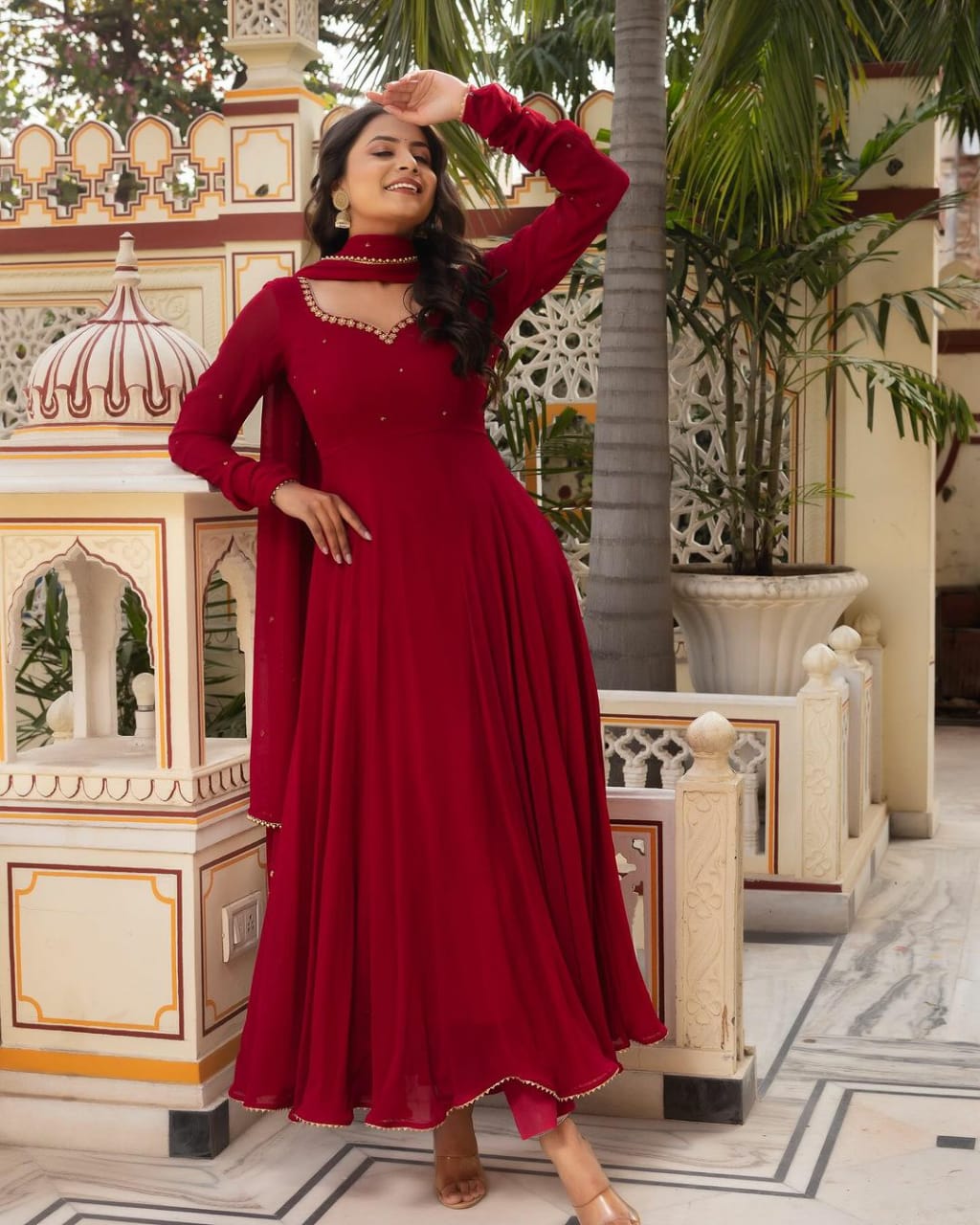 Red Color Fully Flared Hand Diamond Work Anarkali Gown