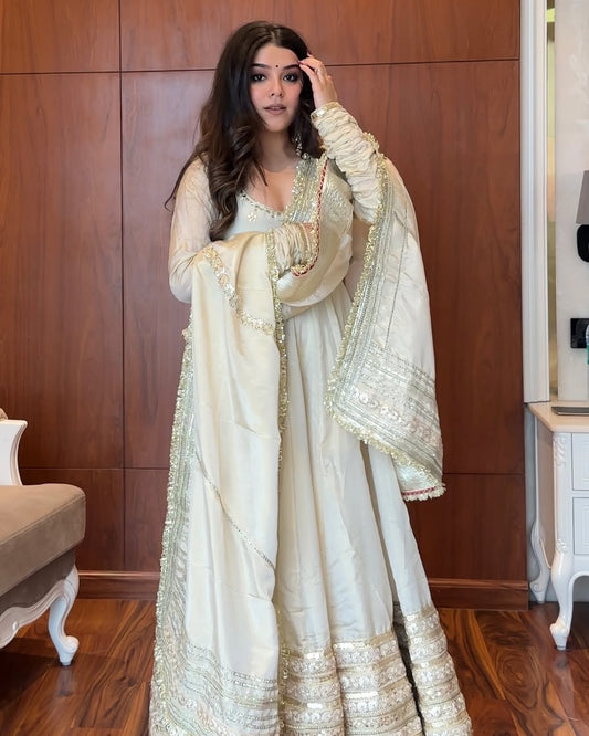 Most Trending Off White Color Embroidery Sequin Work Anarkali Suit