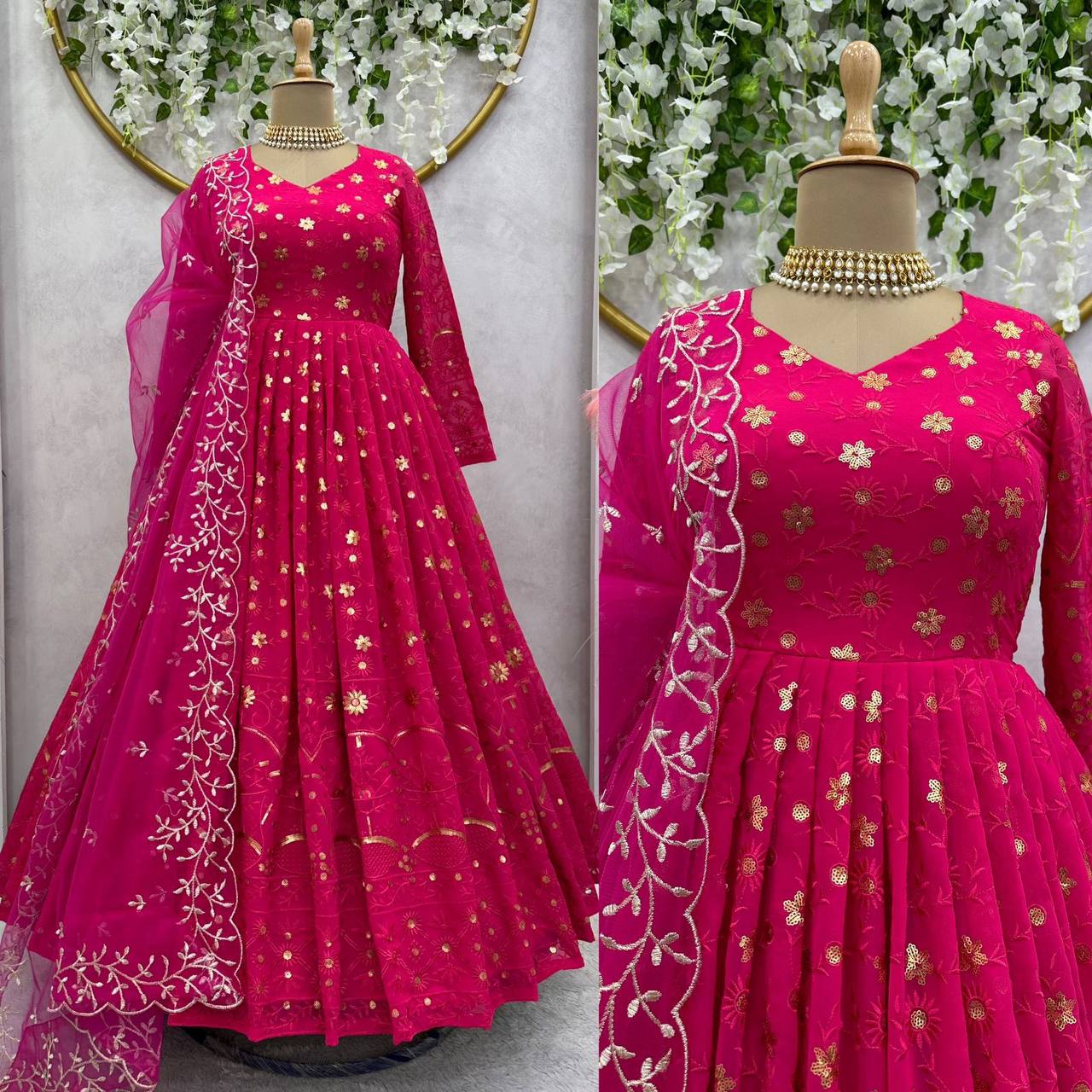 Pink Color Thread And Sequance Work Gown