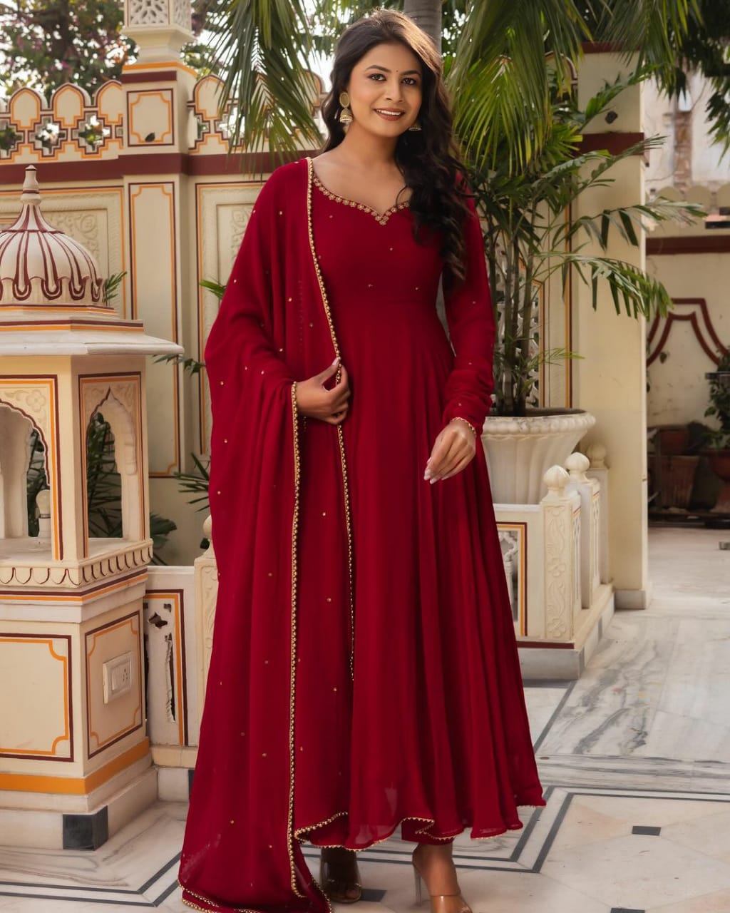 Red Color Fully Flared Hand Diamond Work Anarkali Gown