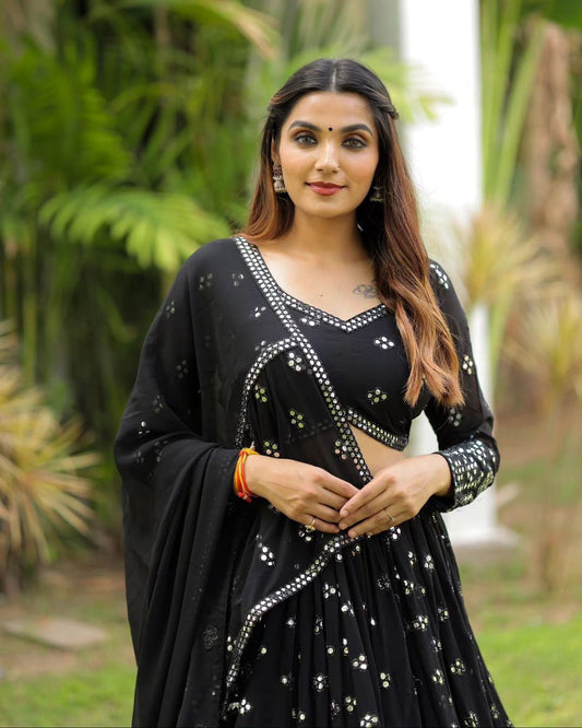 Black Color Georgette Heavy Sequnce Work Wedding Lehenga Choli