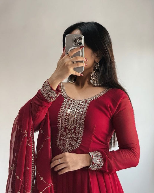 Beautiful Maroon Color Party Wear Anarkali Gown