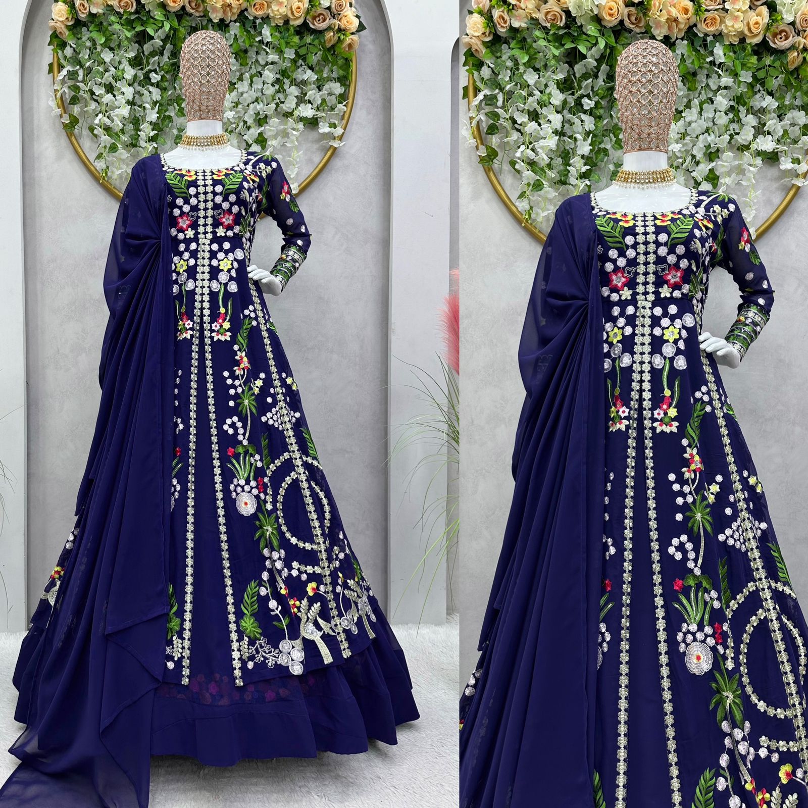 Sky Blue Georgette Heavy Embroidered Designer Lehenga Gown