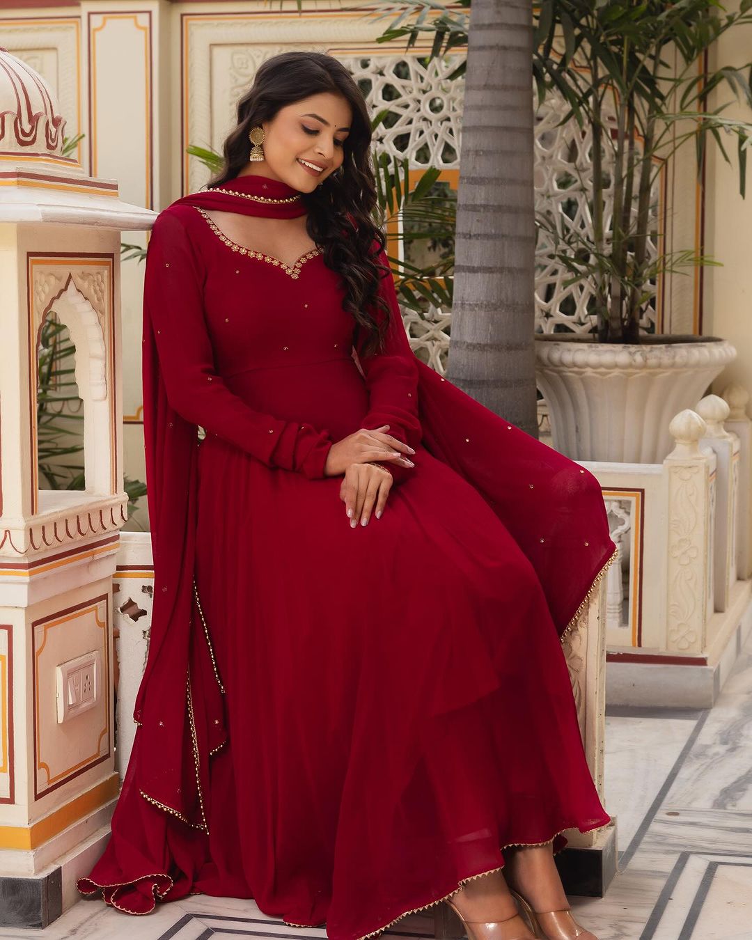 Red Color Fully Flared Hand Diamond Work Anarkali Gown