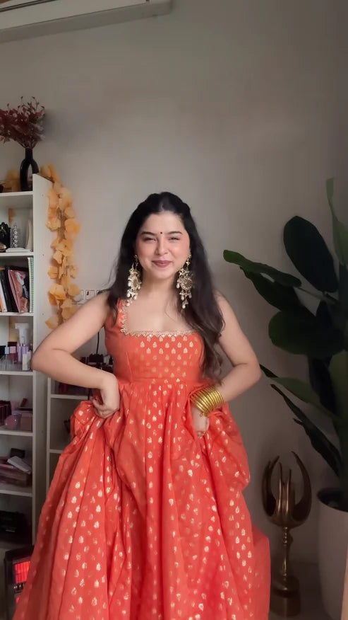Orange Color Jacquard Anarkali Gown