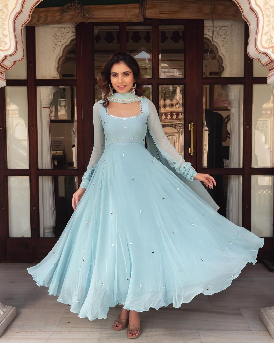 Most Trending Party Wear Real Miror Work Anarkali Suit