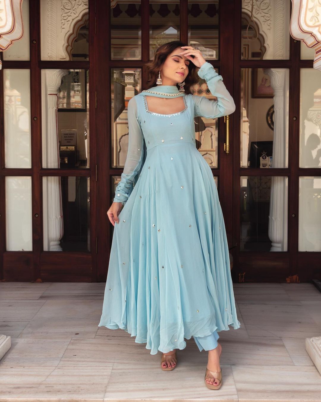 Most Trending Party Wear Real Miror Work Anarkali Suit