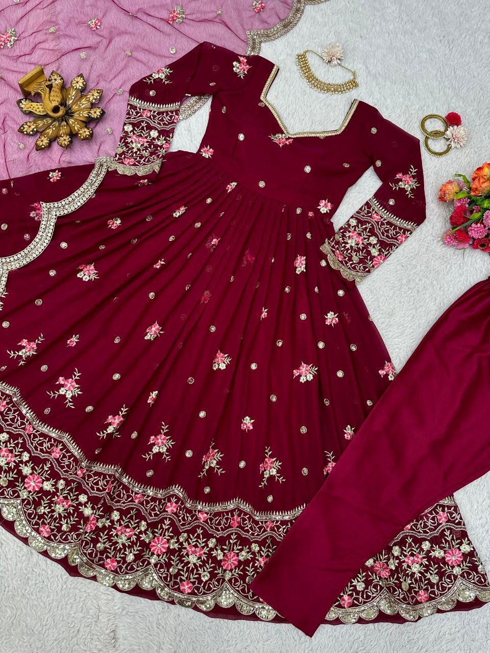 Most Beautiful Cherry Color Party wear Anarkali Suit with Dupatta