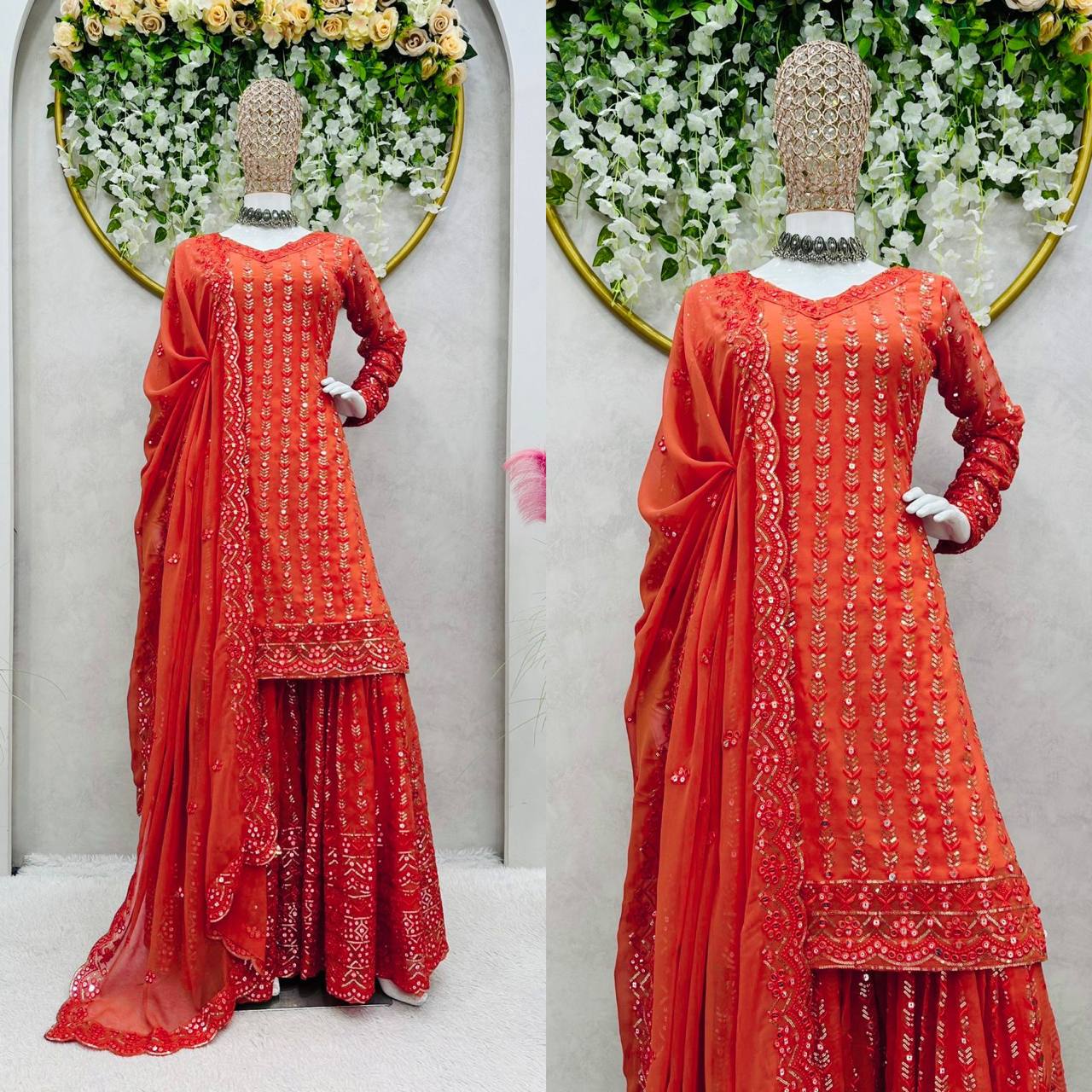 Designer Red Color Party Wear Plazzo Suit With Dupatta