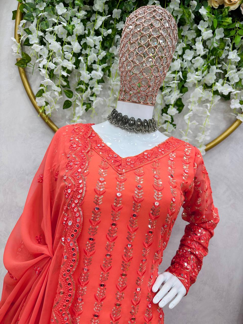 Designer Red Color Party Wear Plazzo Suit With Dupatta