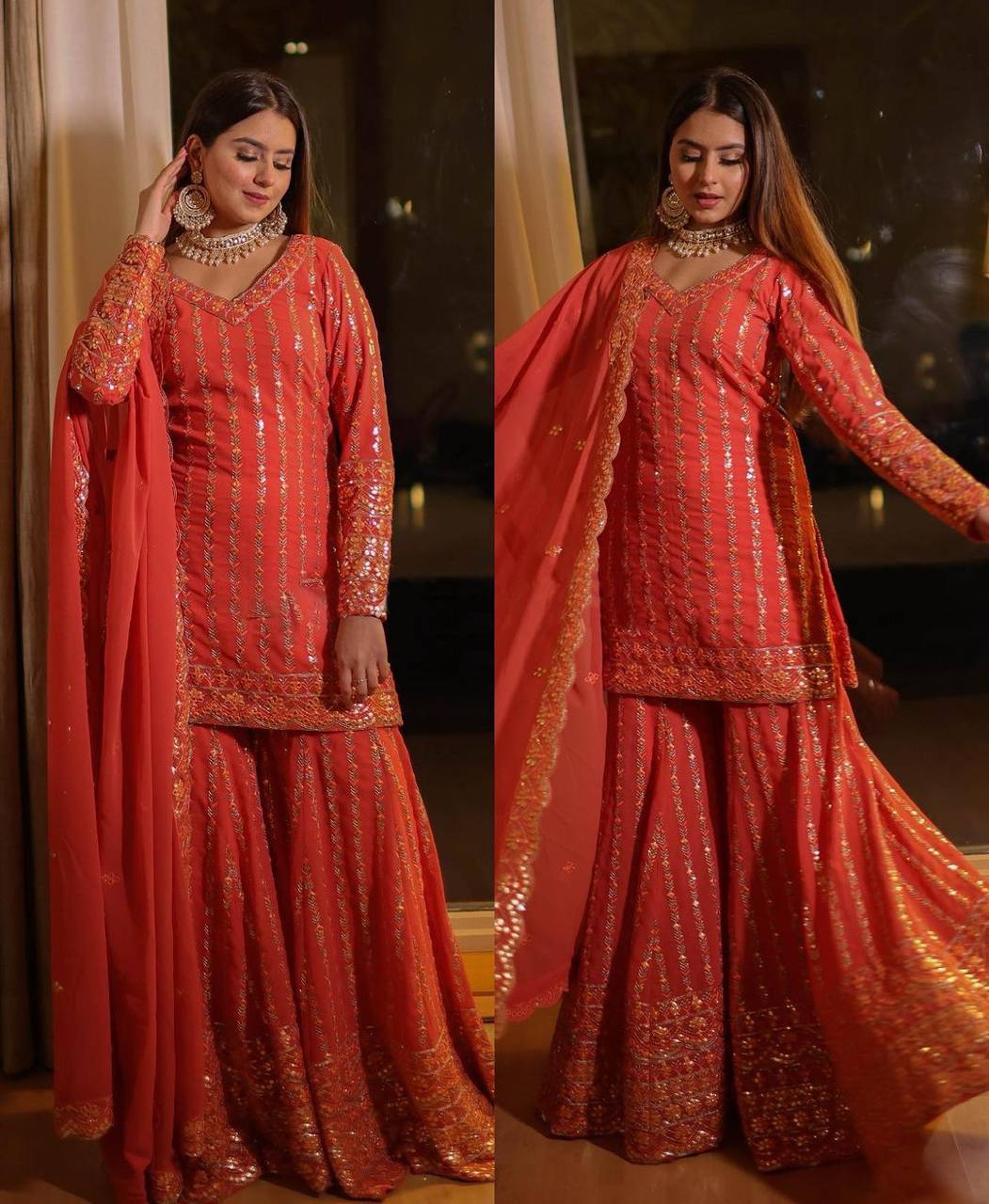 Designer Red Color Party Wear Plazzo Suit With Dupatta