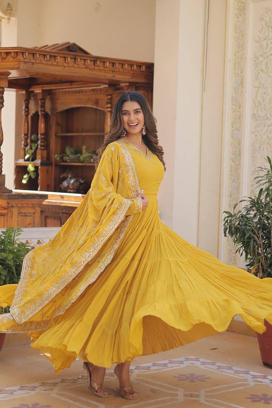 Haldi Function Special Yellow Color Soft Georgette Anarkali Gown