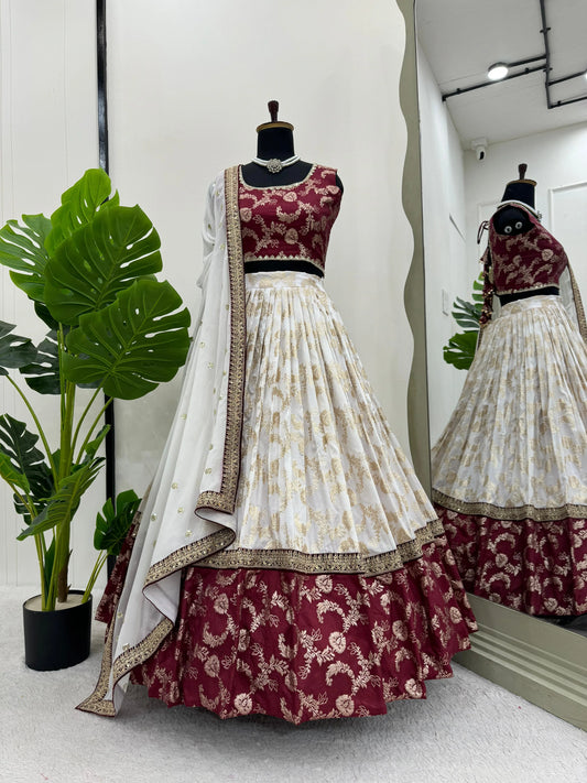 Festive Special White And Maroon Silk Lehenga Set