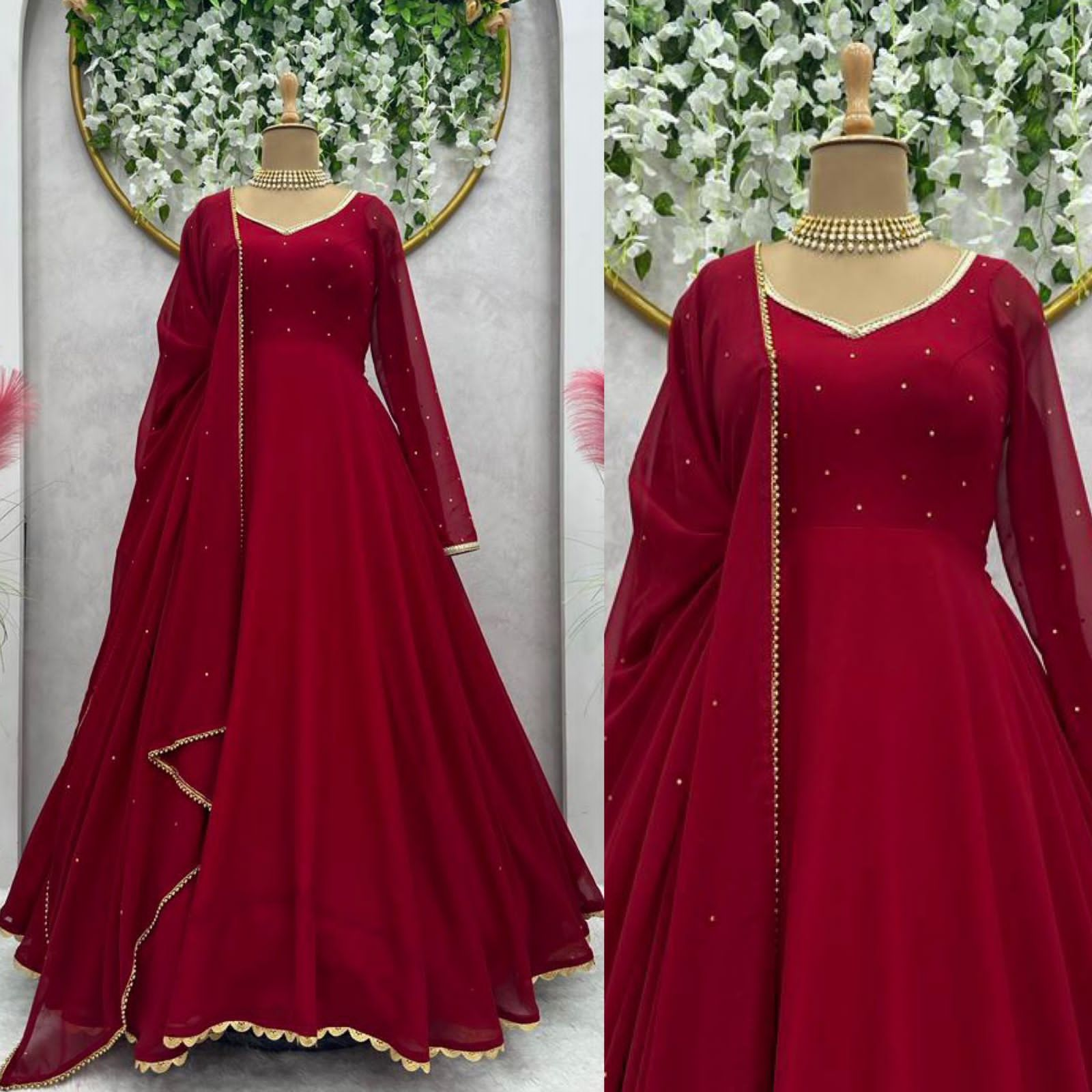 Red Color Fully Flared Hand Diamond Work Anarkali Gown