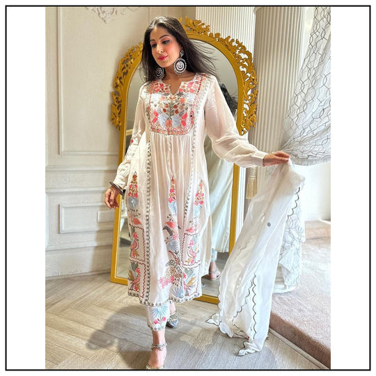 White georgettte Multi Thread Embroidery & Mirror Work Designer Palazzo Suit