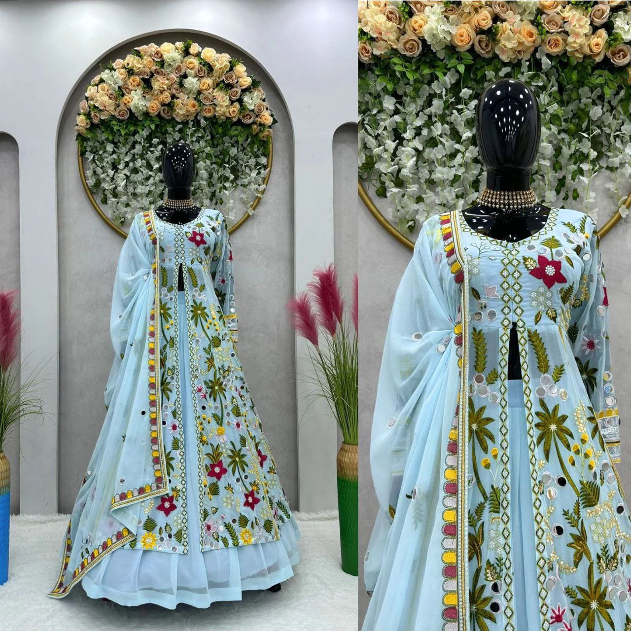 Sky Blue Georgette Heavy Embroidered Designer Lehenga Gown