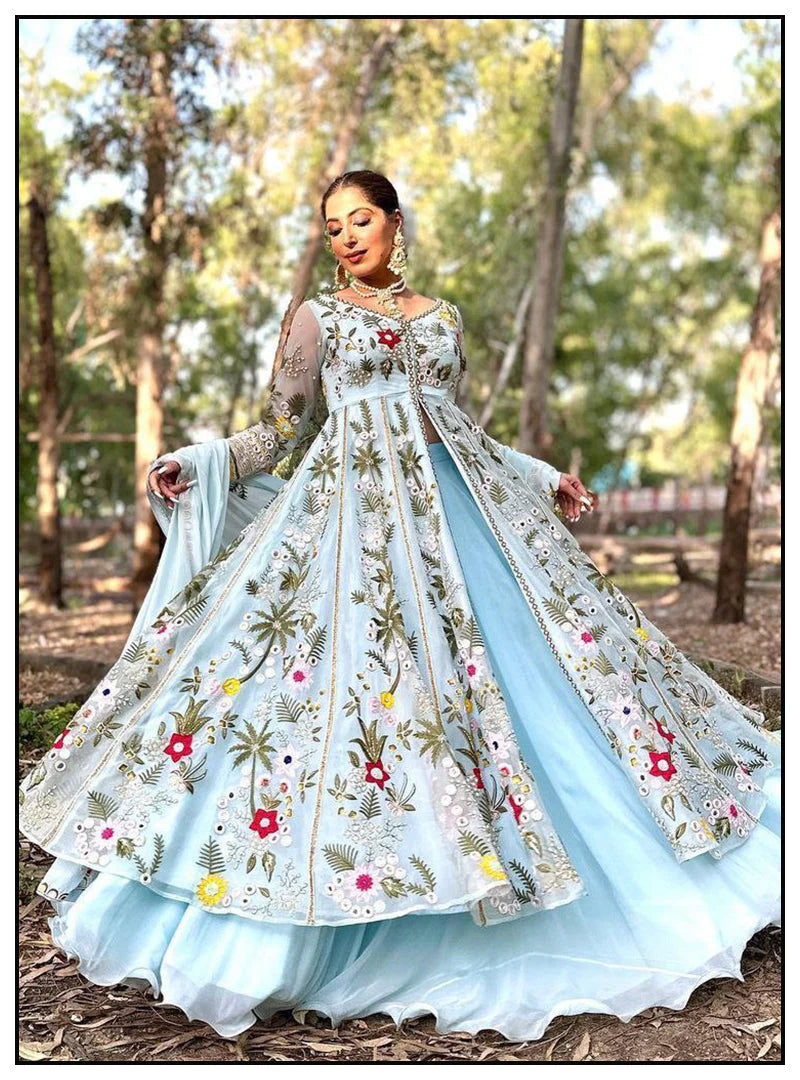 Sky Blue Georgette Heavy Embroidered Designer Lehenga Gown